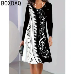 Black And White Piano Keys Music Note Print Dress 2024 New Autumn Winter Long Sleeve Women's Dress Elegant A-Line Dress Vestidos