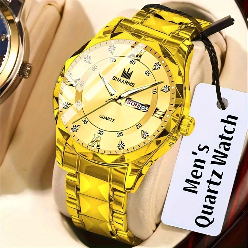 Men's Calendar Watch, Golden Strap, Casual Business Style, Elegant Gift - Men's Watch