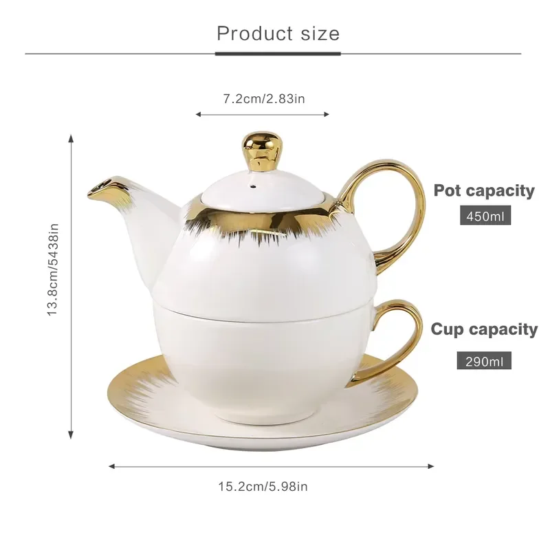 Wholesale Custom Golden Tea Set European Ceramic Teapot White Luxury Eco Friendly 450ml Capacity Single Teacup Set
