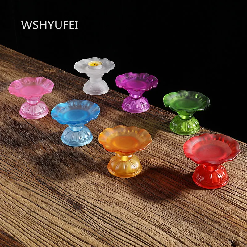 1pc Glass Lotus Candlestick Household Enshrine Buddha Statue Lotus Lamp Base Chinese Style Candlestick Religious Supplies