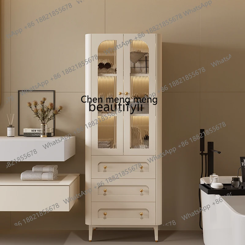 New Cream Rubber Wood Bathroom Side Cabinet Toilet Standing     Narrow Cabinet Towel Storage High Cabinet
