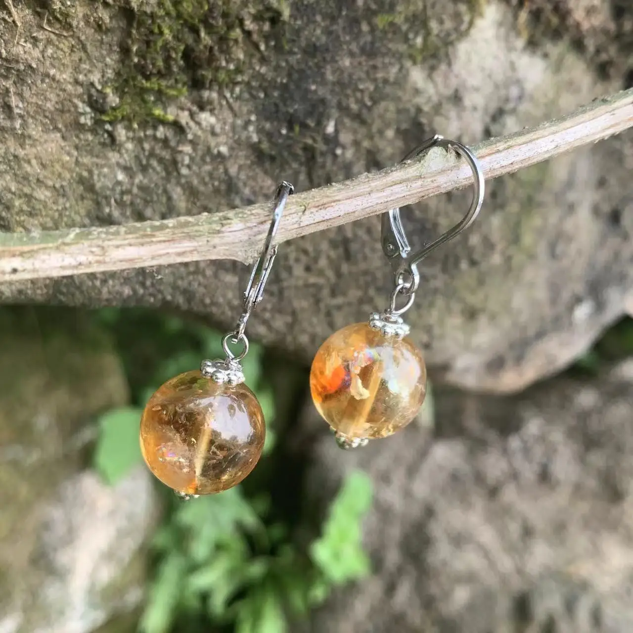 HEYYA STONE 10MM Natural Azeztulite Citrine Drop Earrings Simple Classic 925 Sterling Silver Gemstone Jewelry