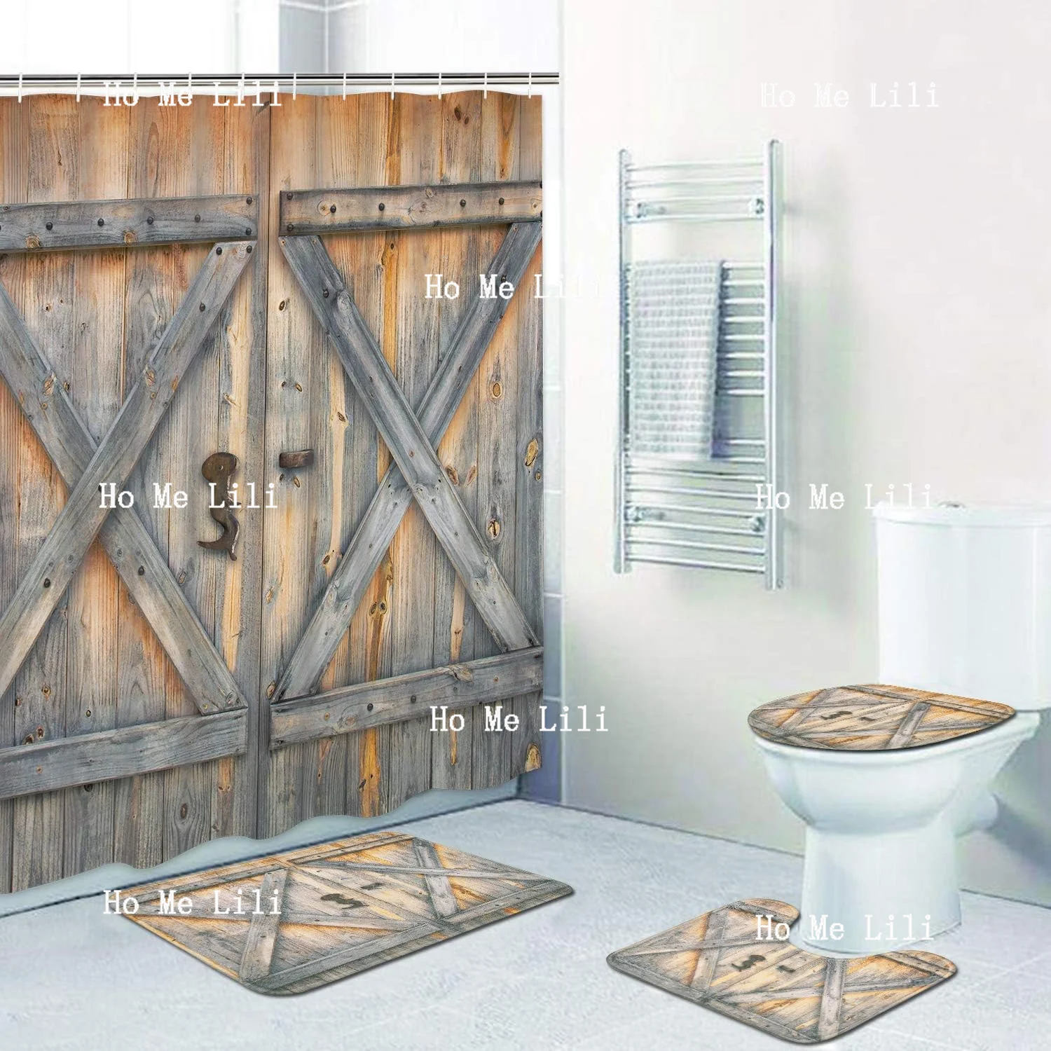 4 Pcs Rustic Barn Door Shower Curtain Set With Non-Slip Rug Toilet Lid Cover