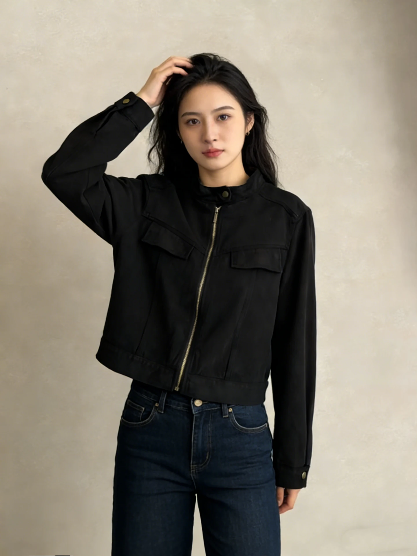 

Американская ретро-куртка с воротником-стойкой для женщин, модная весенняя рабочая одежда, топ для поездок на работу, приталенный крой