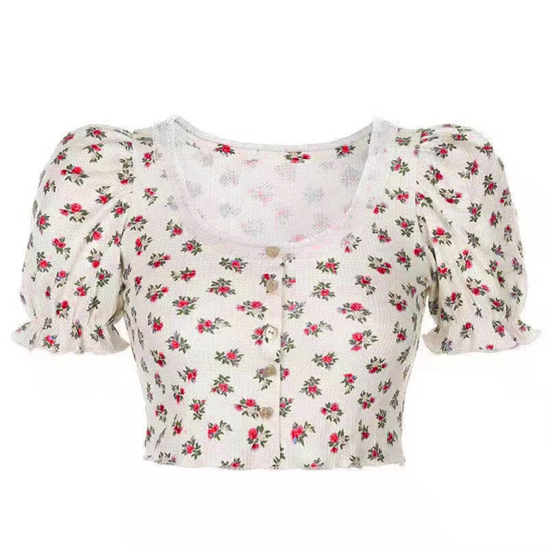 Women Puff Short Sleeve Floral Crop Top Lace Square Neck Button T-Shirt Dropship