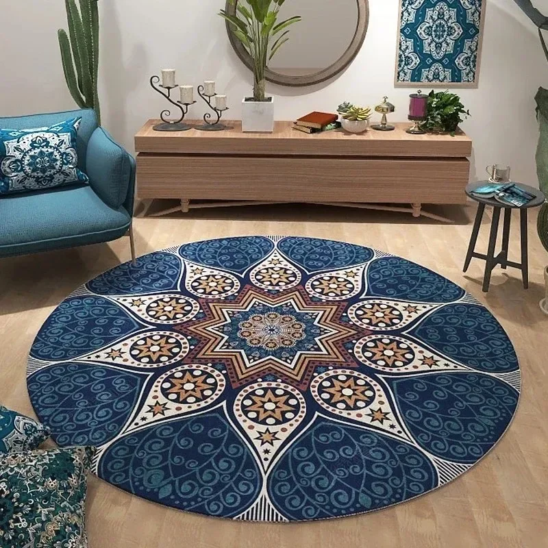 VIKAMA Bohemian Blue Geometric Mandala Print Round Area Rug Non-Slip Floor Carpet For Living Room Home Decor