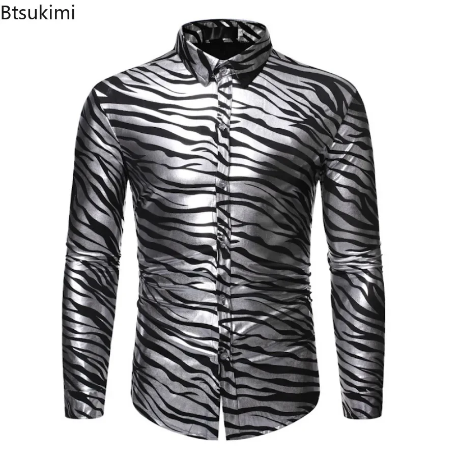 New 2024 Men\'s Metallic Gold Zebra Print Disco Shirt with Long Sleeve Slim Fit Men Dress Shirts Party Prom Stage Chemise Shirts