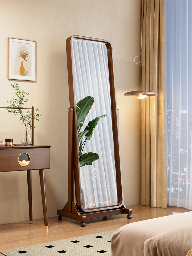 

Solid wood full-body floor mirror household movable three-dimensional dressing bedroom simple large