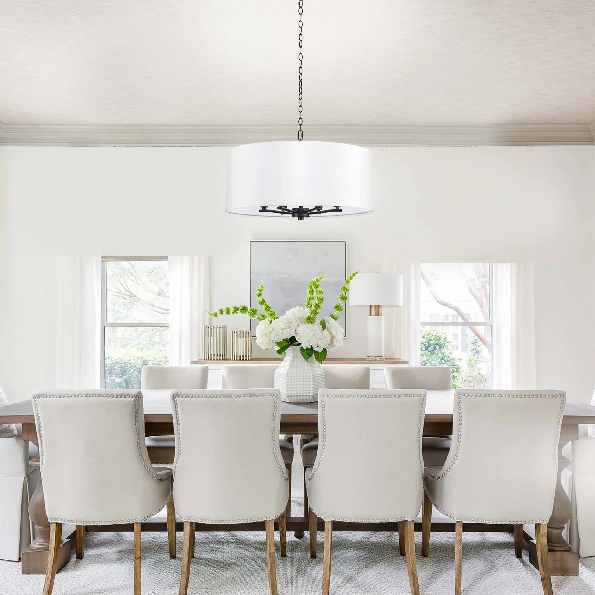 Stylish White Drum Pendant Lights Fixtures Lighting Over Dining Table With Adjustable Chain For Kitchen Island Hallway