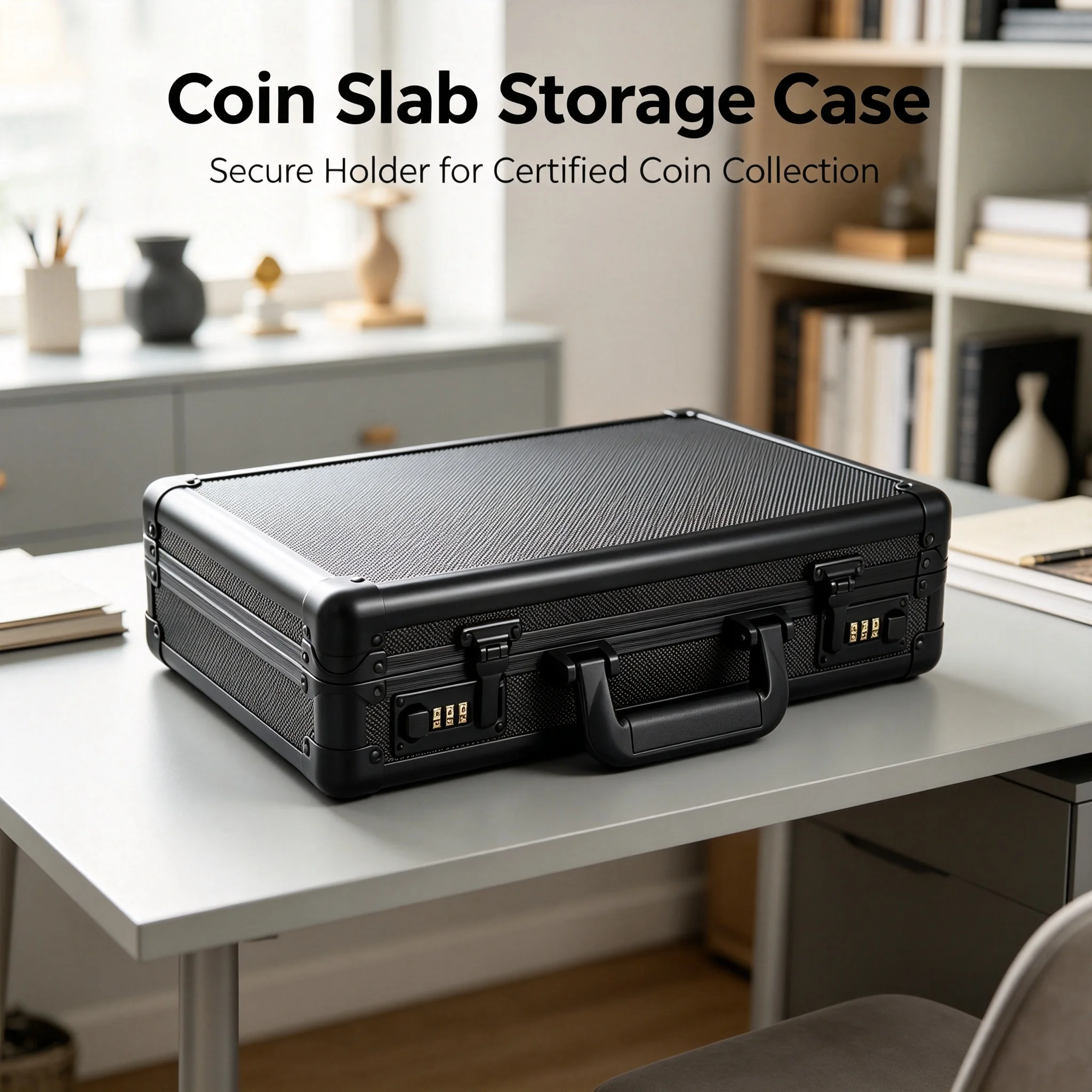 Coin Slab Case Aluminum Holder Display Box with Handle & Combination Lock, 50 Compartments for Certified Coin Collection Storage Organizer, Black