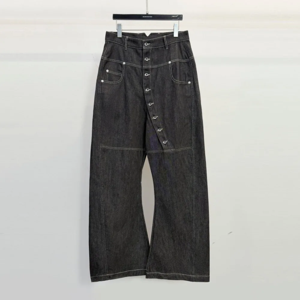 

High Street RO Diagonal Button Open Line Wide Leg Jeans Men Slightly Flared and Floor Hugging High Waisted Straight Leg Pants