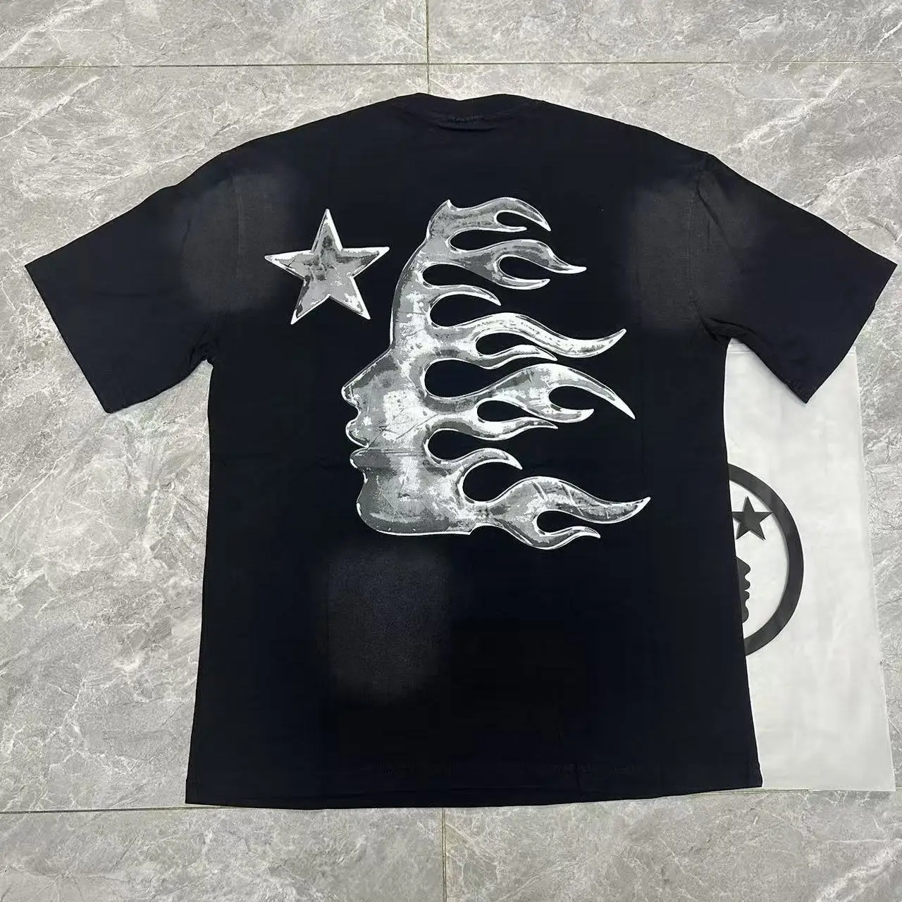 Retro American INS Brand Cotton Short Sleeve T-Shirt Side Face Letter Print Washed High Street Hip Hop Heavyweight Unisex T-S...