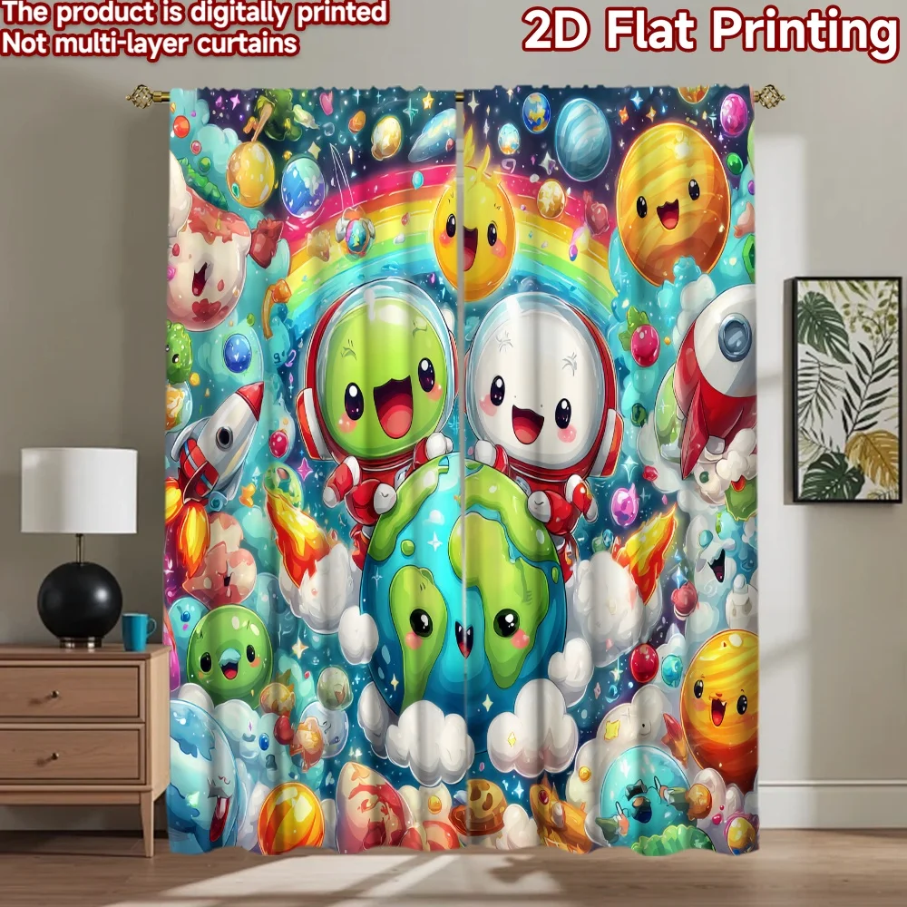 2D flat printing 2pcs Window Curtains Cute Space Adventure Planet Astronauts Digital Printed Polyester Drapes Festive Wall Decor