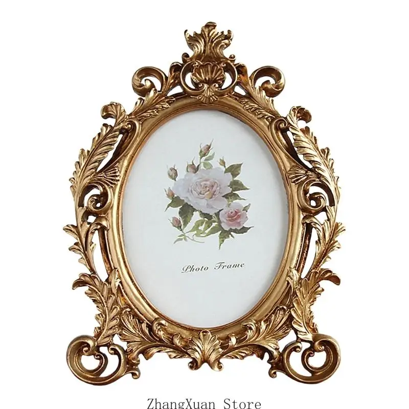 Old Fashioned Oval Picture Frame Resin Golden Flowers Photo Display Home Decors 3XUF – Detail 2