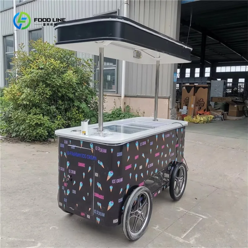 Ice Cream Trolley Popsicle Hand Push Cart Gelato Italian Street Vending Freezer Display Sale Support Custom