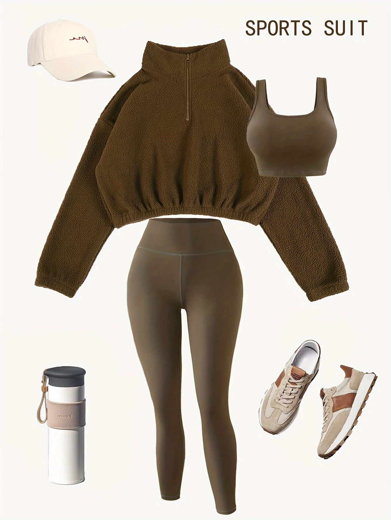 

New Autumn and Winter Solid Color Stretch Yoga Suit with Fleece-Lined Half-Zip Hoodie Set, Three-Piece Sports Fitness Set (Excluding Accessories)