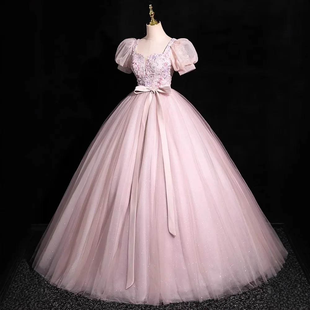 Bling Pink Ball Gown 15 Year Quinceanera Dress Puff Short Sleeves Princess Customized Bow Belt Party Vestidos De Fiesta