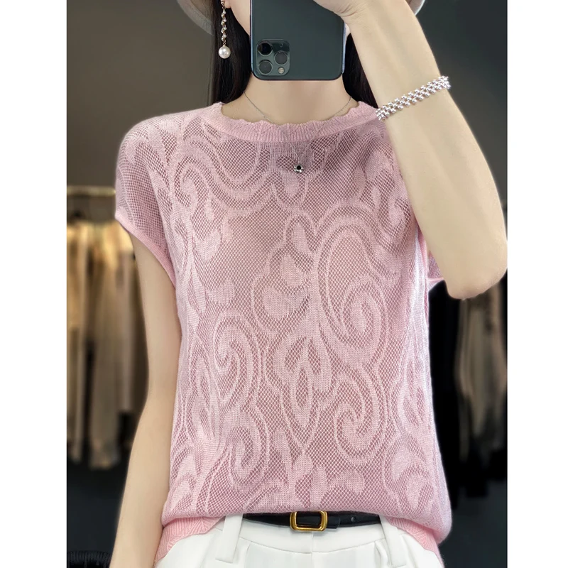 Summer New Hollow Jacquard Worsted Wool Knitted T-shirt Women's Loose Round Neck Underlay Solid Color Half Sleeve Top