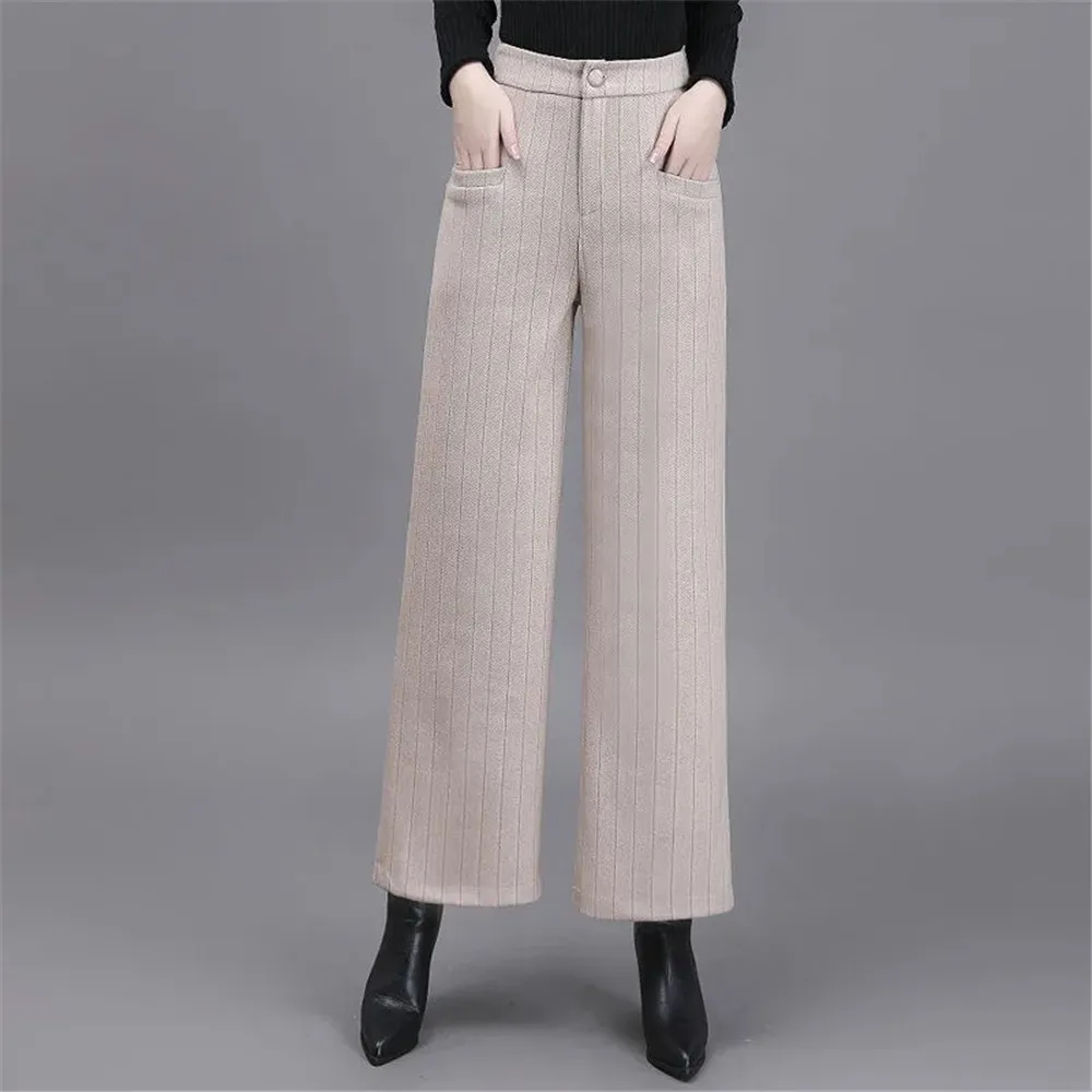 Autumn Winter Thicken Wool Wide Leg Pants Women'S High Elastic Waist Straight Pant Ladies Casual Pocket Plus Size Mom Trousers