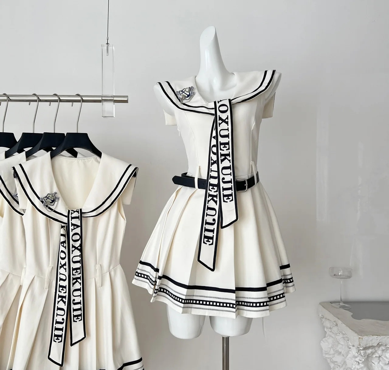 Summer Japanese Navy Preppy Style Designed Short Dress Women Waist-cinched Sleeveless Shirt Pleated Skirt Party Dress Cute Sweet