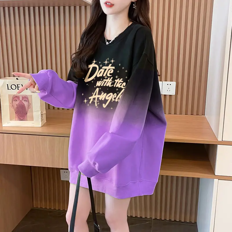 Spring Autumn Women\'s 2024 New Splicing O-Neck Fashion Versatile Letter Printed Gradient Medium Long Loose Long Sleeve Hoodies