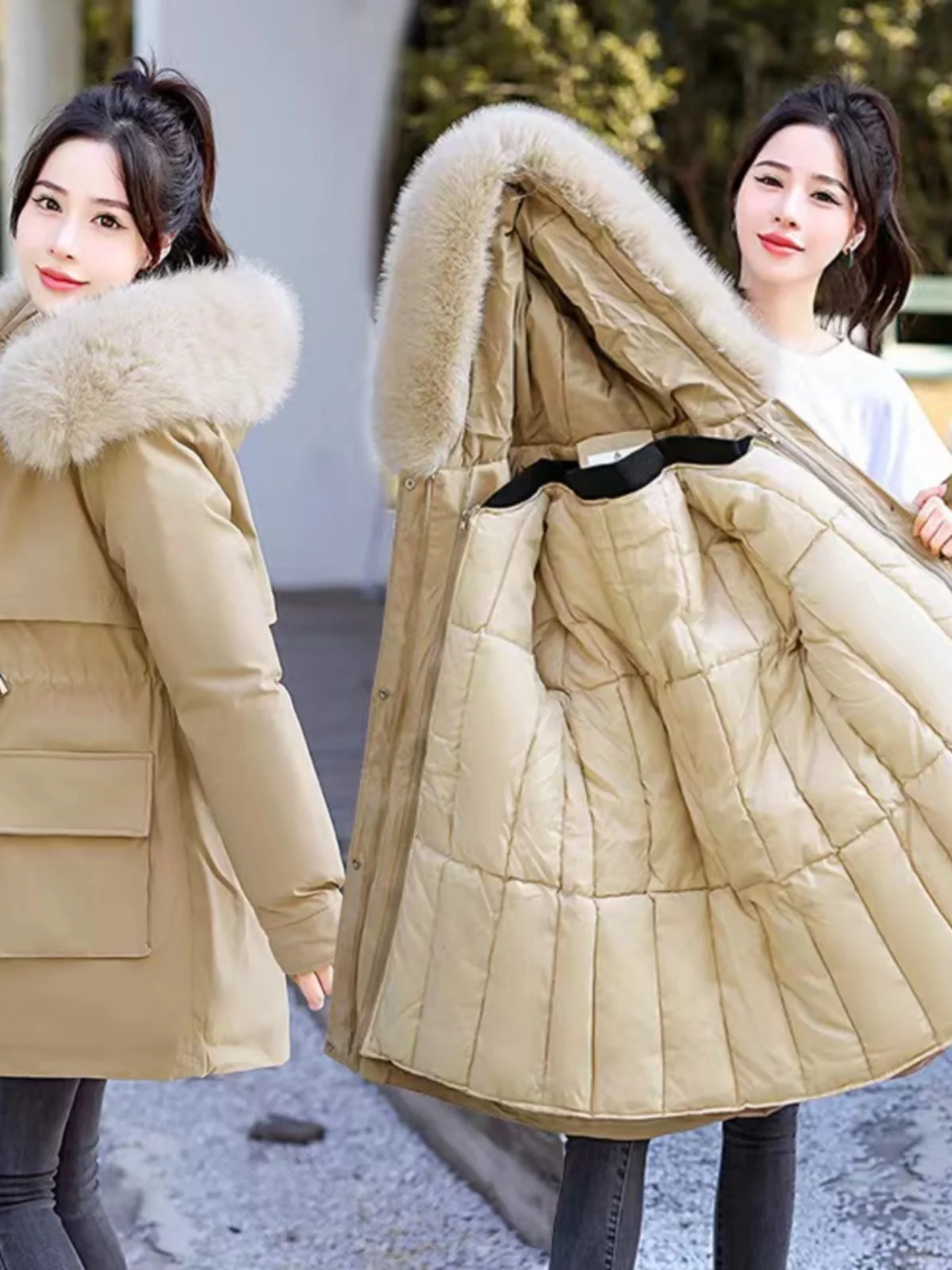 

Winter Thiened down Cotton Jaet Women's Mid-Length Removable Inner Vest Korean Sle Commute Loose Fit Zipper ket