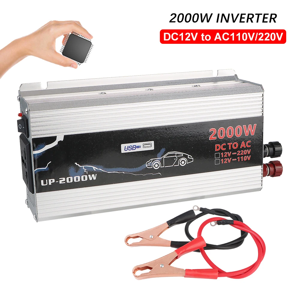 DC 12V To AC 110V 220V Inverter Household Storage Battery Converter AC Power Socket With Switch USB Charger Car Inverter 2000W