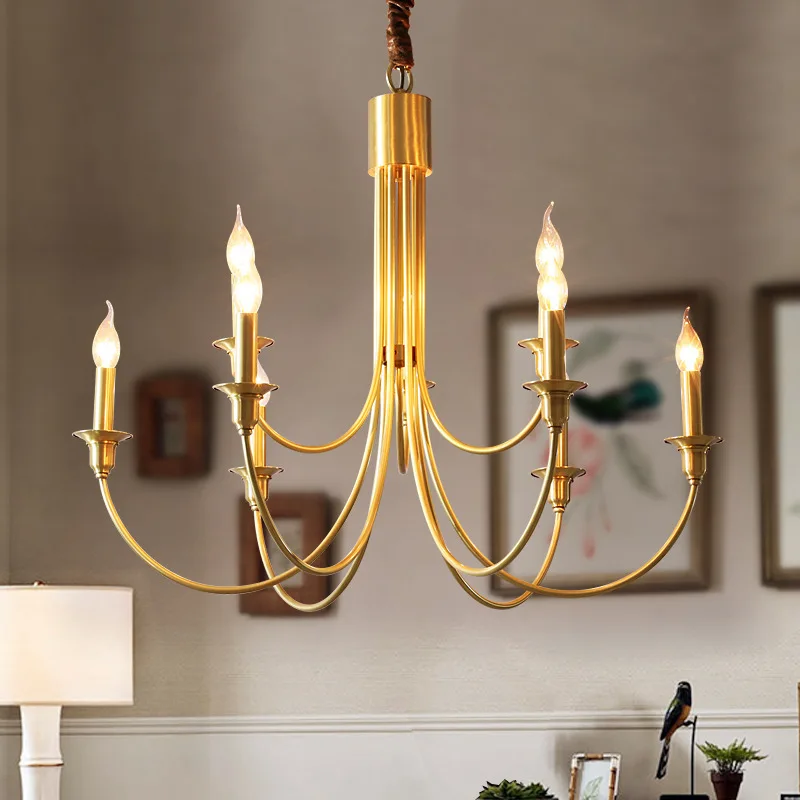 American Solid BrassCandle Chandelier French Magazine Pendant Light for LivingDining Bedroom Villa Study High Ceiling Decor Lamp