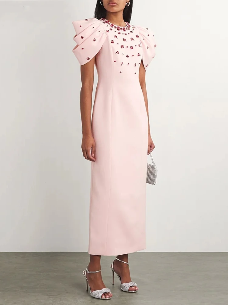 

Sexy O Neck Diamonds Bandage Dress Women Pink Black Short Sleeves Crystal Bodycon Long Dresses Evening Party Celebrity Gowns