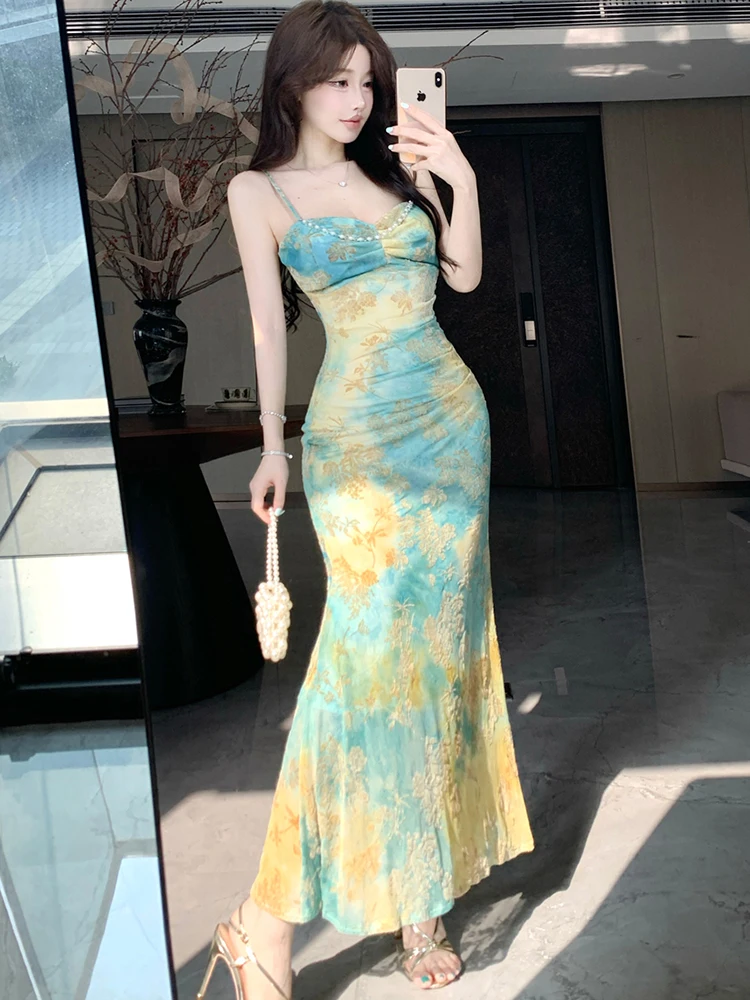 2025 Nuova maglia stampa chic perline fionda vestito sexy estate Boho eleganti abiti casual donna moda coreana aderente vestito da festa