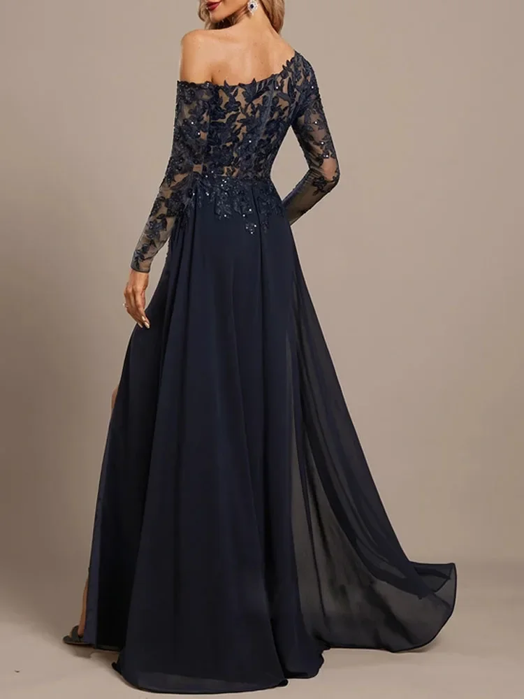 Long Sleeeves Navy Blue Mother of the Bride Dresses for Weddings with Slit Vestido Para Boda Madre De La Novia