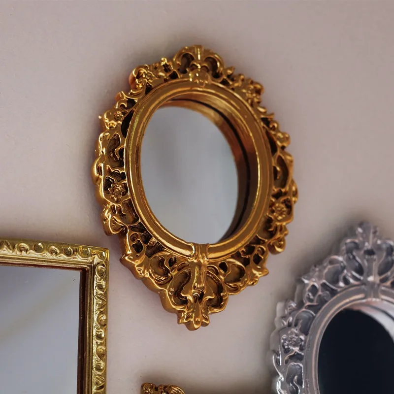 Dollhouse Mini Classical Mirror, Gold and Silver Circular Carving Accessories, Miniature Life Scene Model