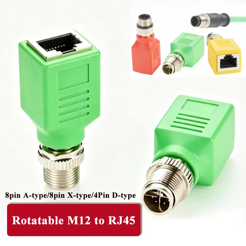 Industry Rotatable M12 8Pin X-type To RJ45 Adapter Ethernet Extension Connector 4Pin D-code 8Pin A-type Male Head Network Plug