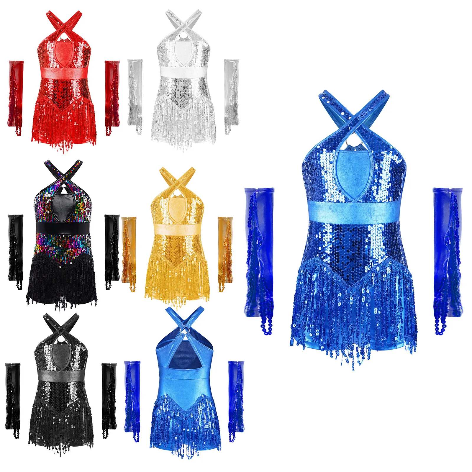 Kinderen Meisjes Latin Salsa Dansvoorstelling Kostuum Cha-Cha Jazz Outfit Sparkly Pailletten Kwastje Turnpakje met Lovertjes Kwastjes Handschoenen