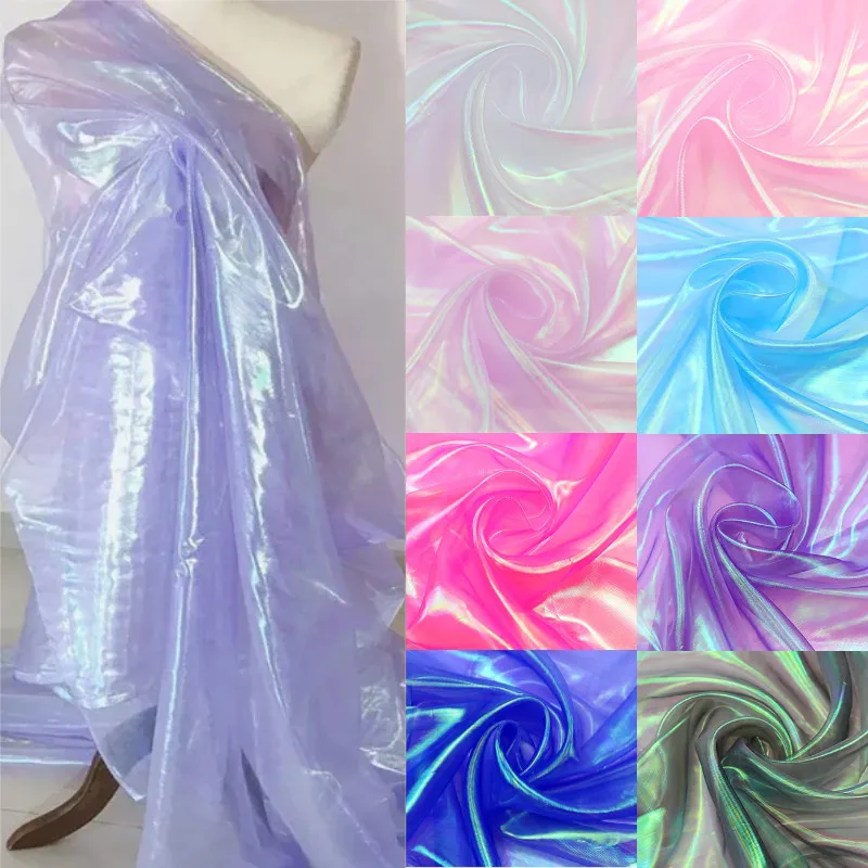 3/5/10m Colorful Shiny Gradient Organza Fabric Transparent Voile Flash Iridescent Gauze Fashion Designer Holographic Fabric