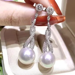 MJ Pearl Earrings Fine Jewelry 925 Sterling Silver Round 10-11mm Nature Fresh Water White Pearls Drop Dangle Earrings Present