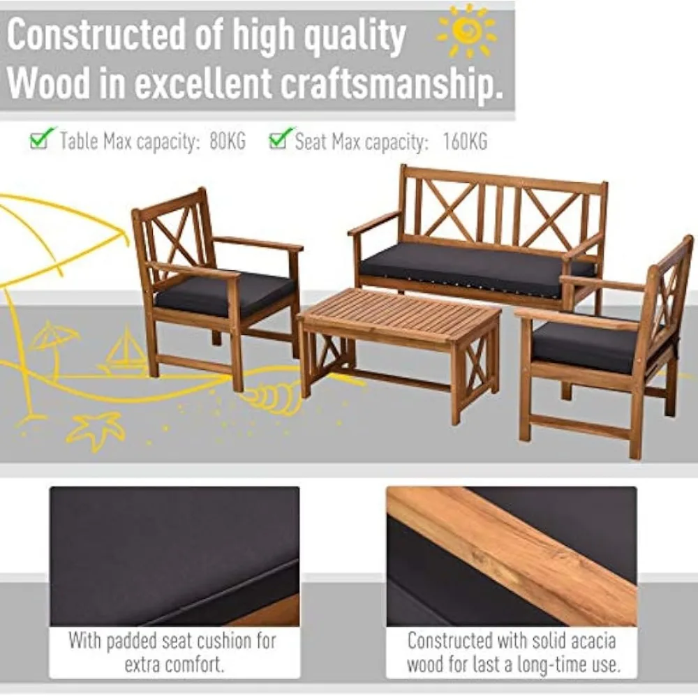 Ensemble de meubles de patio en bois d'acacia, 2 fauteuils, 1 canapé, 1 table basse, coussins inclus, 4 pièces