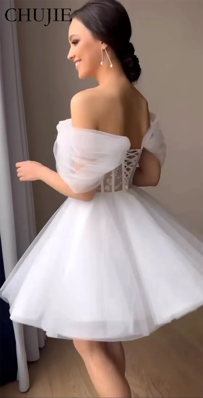 فساتين زفاف بيضاء قصيرة فستان سهرة رداء حفلات خط دانتيل مزين بالدانتيل فيستدوس دي نوفيا فيستدوس دي فييستا زواجبفروك #6