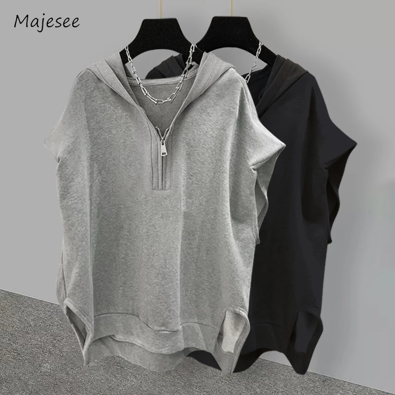 Men Solid Zipper Hoodies Sleeveless Loose High Street All-match Sporty with Hat Fashion Side-slit Young Korean Style Male Tops