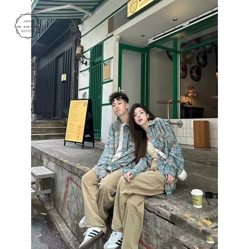 

Мужская фланелевая рубашка в клетку с длинным рукавом, повседневная свободная рубашка в стиле ретро, американская мода, верхняя одежда для пар, полиэстер