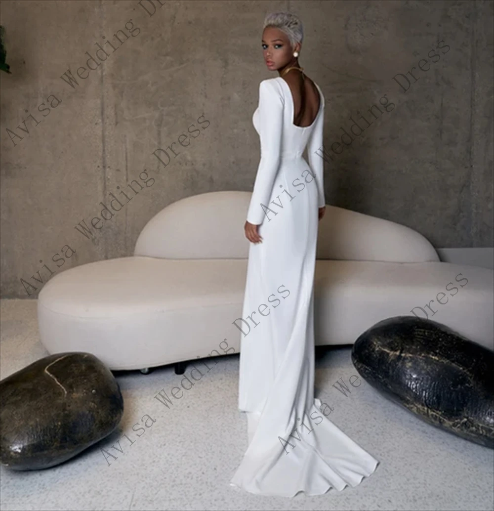 Robe de Mariée Élégante à Col Carré et Manches sulfen Crêpe Blanc, Gaine avec Fermeture Éclair au Dos, Vêtement avec Traîne pour Patients, 2024