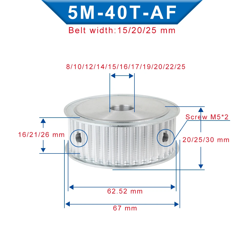 Timing Pulley 5M-40T Circular Arc Tooth Bore Size 6/6.35/8/10/12/14/15/16/17/19/20/22/25 mm Alloy Pulley For 5M Rubber Belt