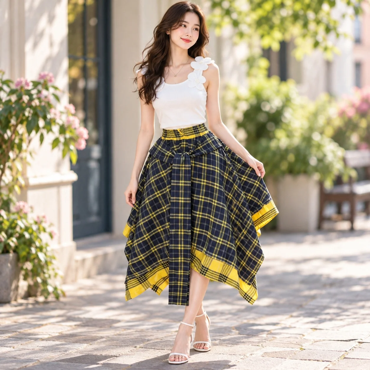 No Stretch Skirt Plaid Midi Length Sweet and Fresh with Printed a Line Fresh and Sweet Striped Summer Women Skirt