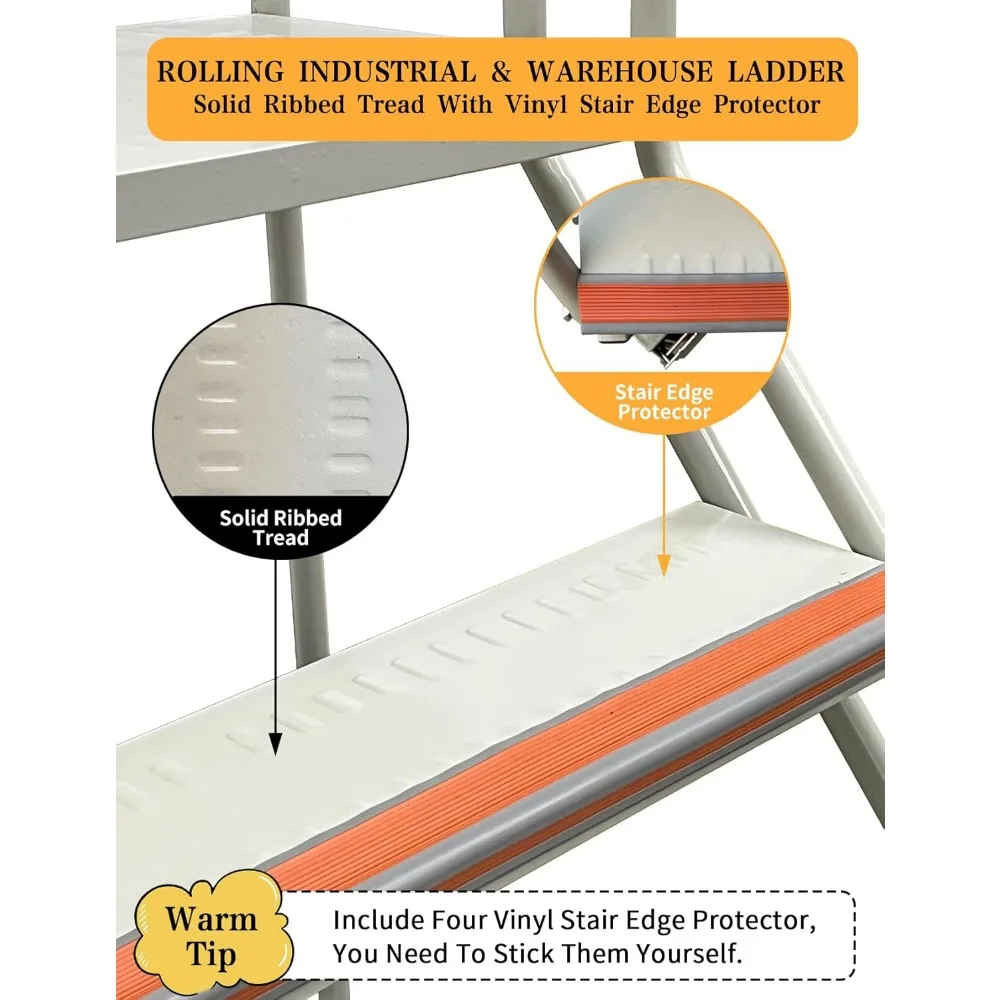 4 Steps Ladder with Wheels, Industrial & Warehouse Step Ladder, Rolling Steps Ladder with Vinyl Stair Edge Protector