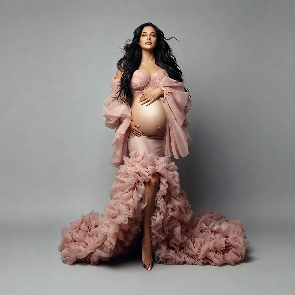 Mermaid Maternity Photoshoot Dress with Ruffles Train Long Sleeve Pregnancy Photography Gown Custom Pregnancy Shooting Dress