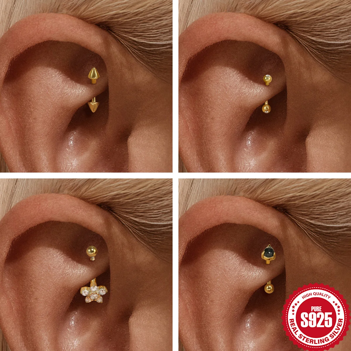 

BOAKO Double Diamond Curved Barbell 925 Sterling Silver For Women Classic Round Internally threaded Piercing Personality Jewelry