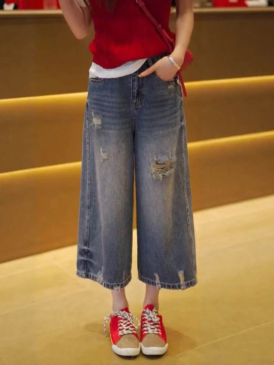 

Summer New Arrival Thin Hole Loose Jeans Wide Leg Pants for Short Women High Waist Casual Style Blue Denim Fabric Polyester F...