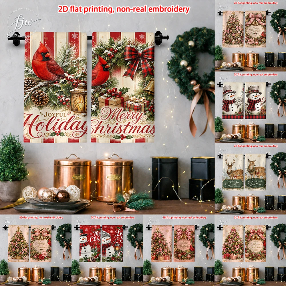 2pcs Vintage Christmas Kitchen Towels Set of 2 2D Flat Printed Holiday Dish Towels for Xmas Home Decor