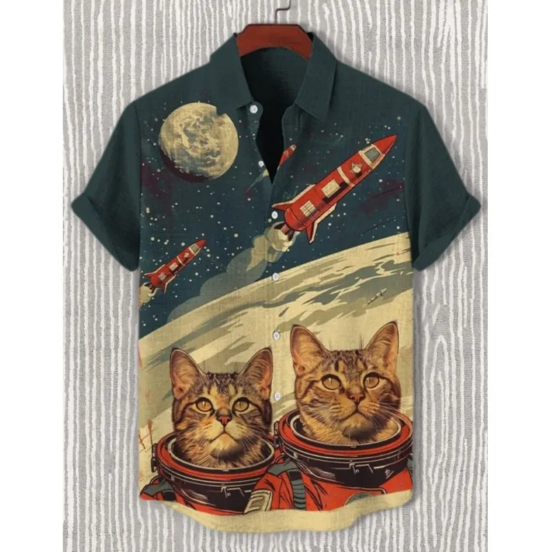 Men's Summer Japanese Style Art Cat Pattern Print men's Retro Linen Short Sleeved Shirt Casual Simple Button Top camisa hombre