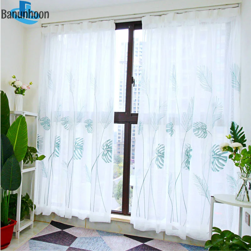 Blue Plantain Leaf Embroidery Tulle Curtains for Living Room Bedroom Kitchen Window Treatments Sheer for Children's Bedroom Kids